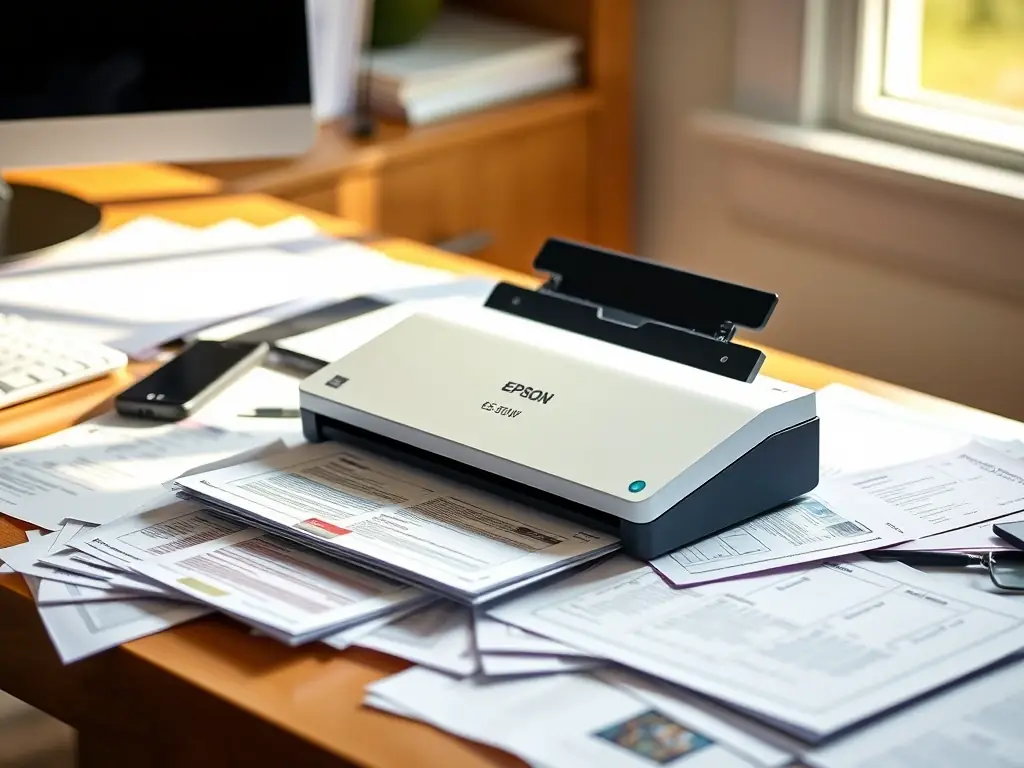 A detailed image of the Epson WorkForce ES-300W scanner, showcasing its compact and portable design. The scanner should be placed on a desk with various documents, emphasizing its ability to scan on the go and its wireless connectivity features.