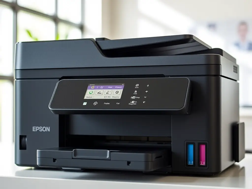 A close-up shot of the Epson EcoTank ET-4760 printer, highlighting its ink tank system and eco-friendly design. The image should emphasize the printer's sleek appearance and user-friendly interface, set in a modern office environment.