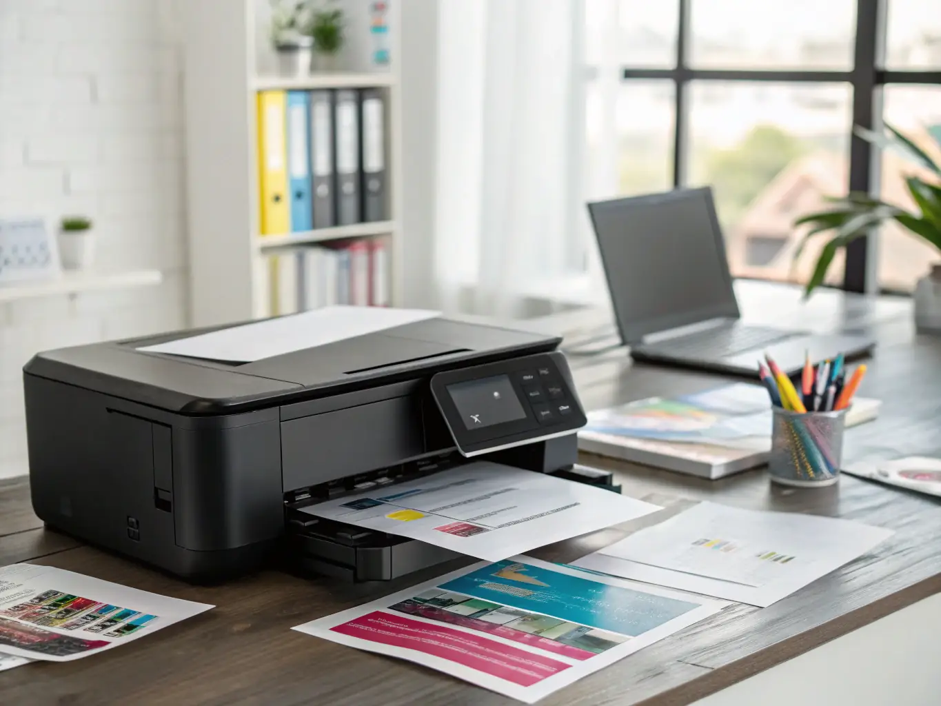 An image showcasing the duplex printing feature of an HP LaserJet Pro printer, with a focus on saving paper and reducing environmental impact. The printer should be set in a typical office environment, with documents being printed on both sides.
